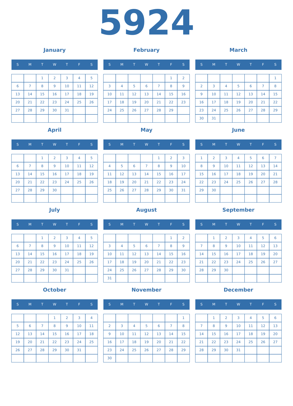 Printable 5924 Year Calendars blue