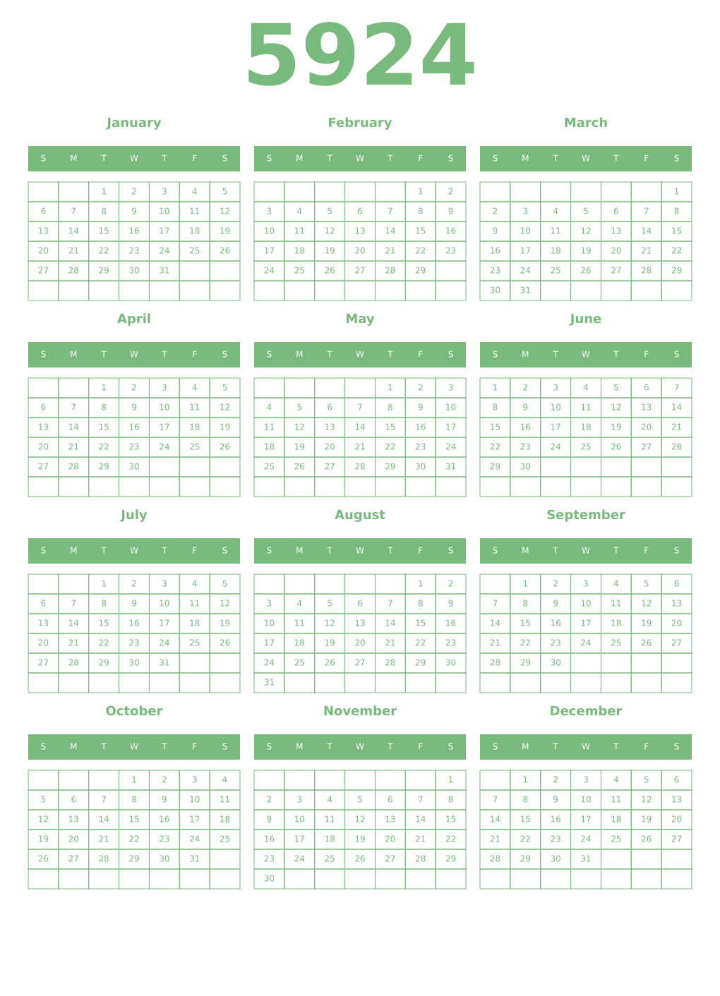 Printable 5924 Year Calendars celadon