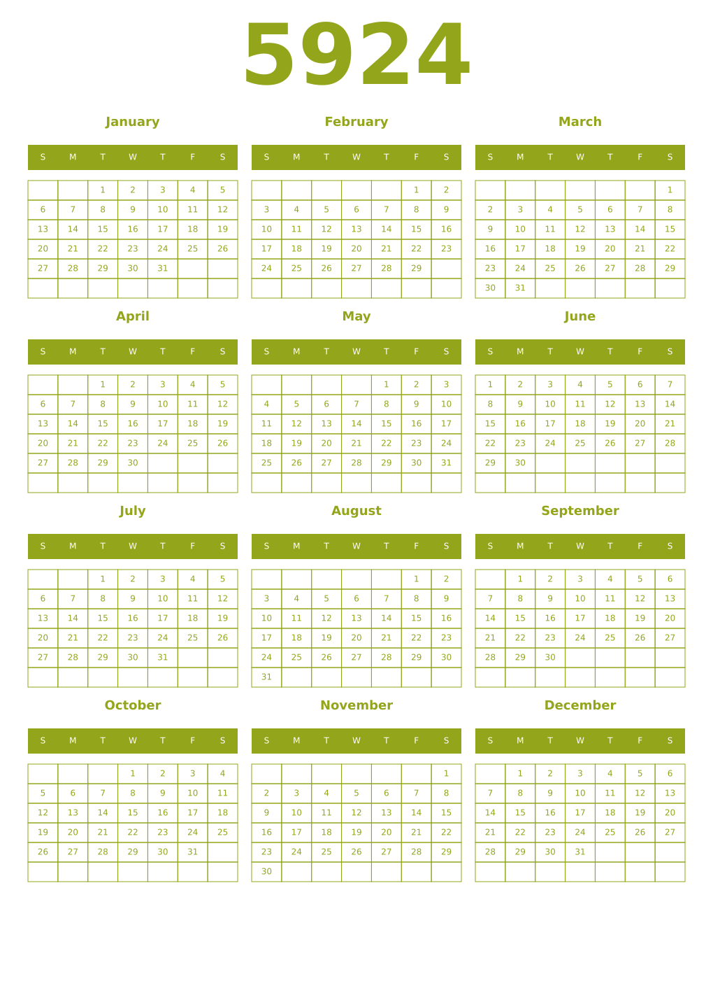 Printable 5924 Year Calendars chartreuse