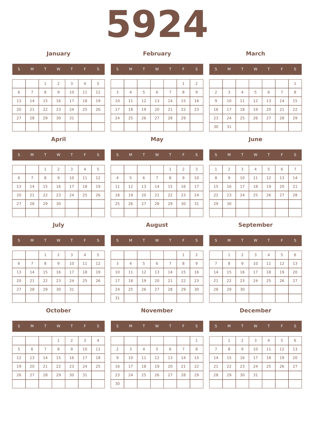 Printable 5924 Year Calendars coffe