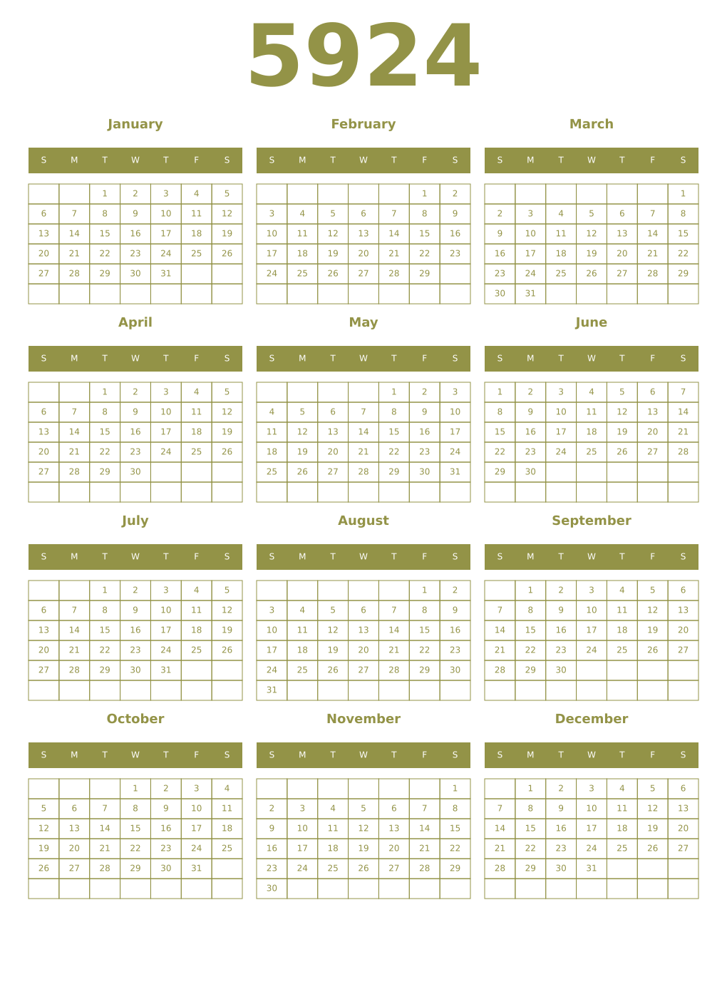 Printable 5924 Year Calendars eburnean