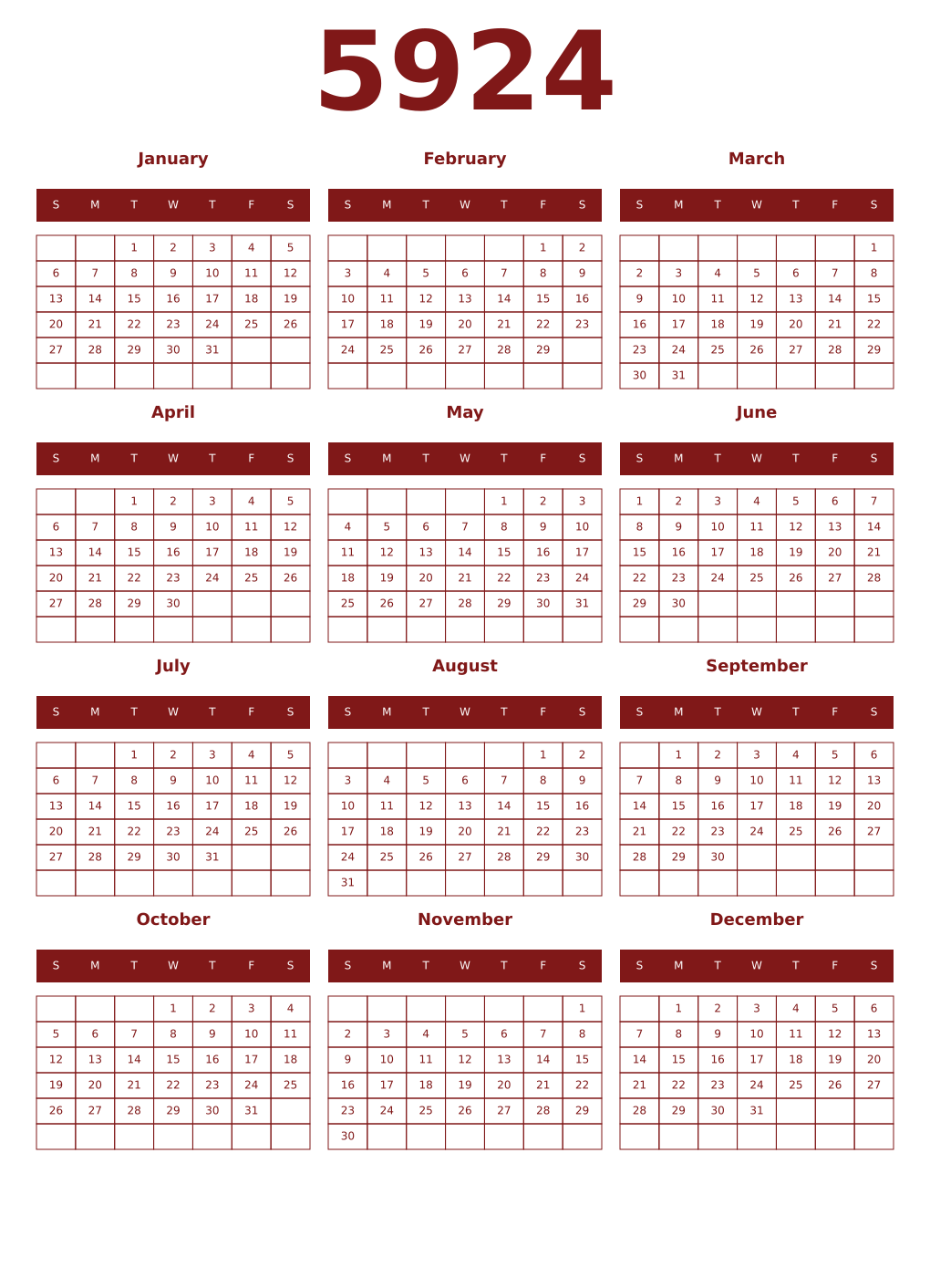 Printable 5924 Year Calendars falu