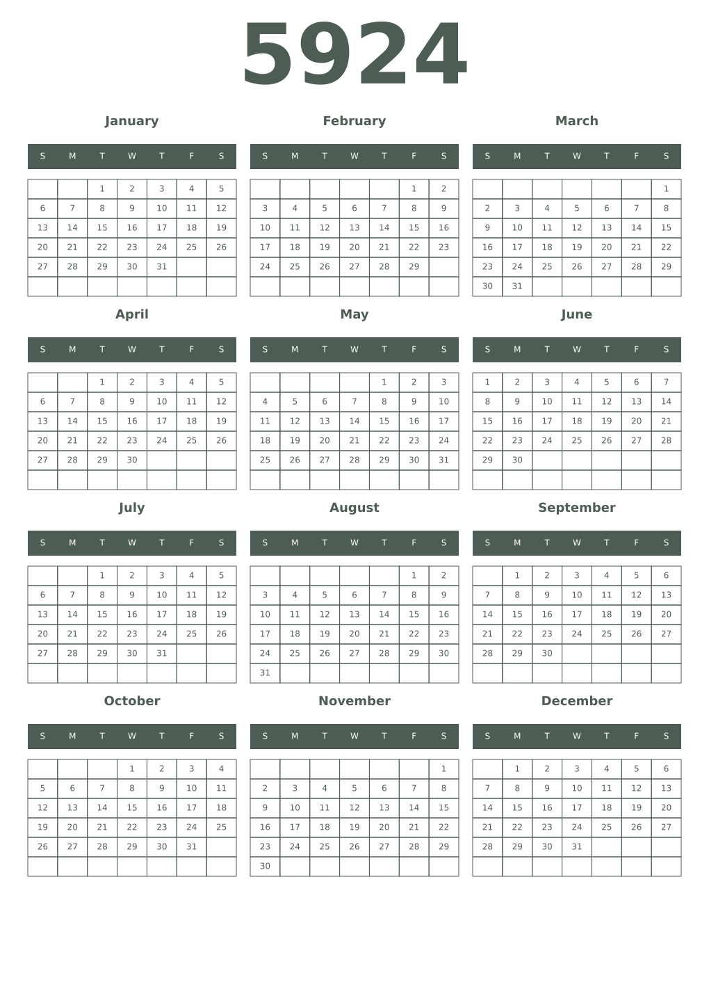 Printable 5924 Year Calendars feldgrau