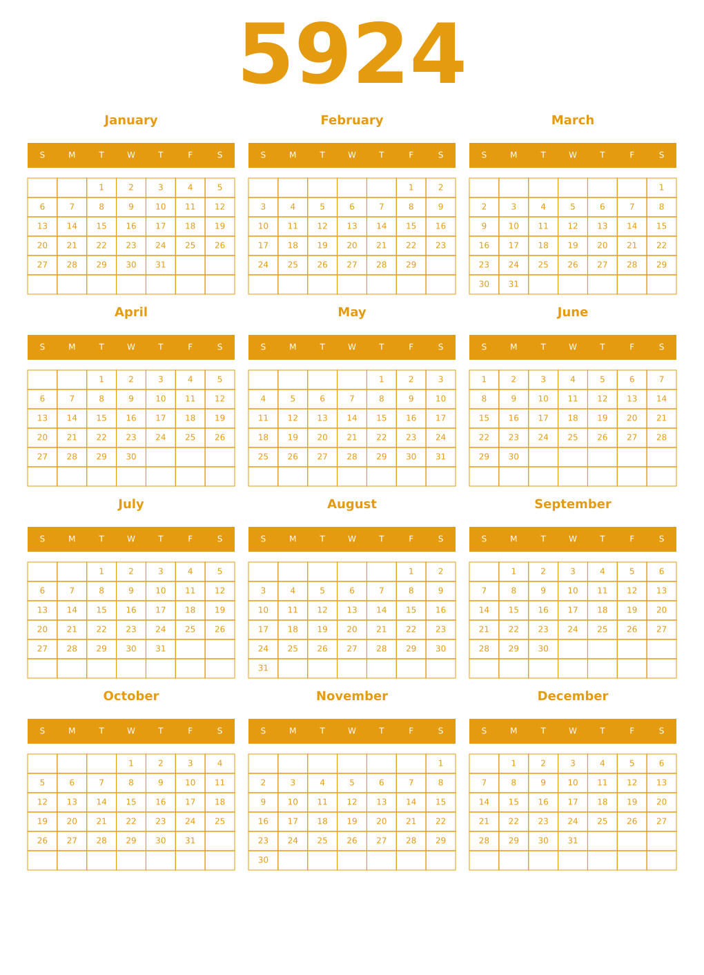 Printable 5924 Year Calendars gamboge