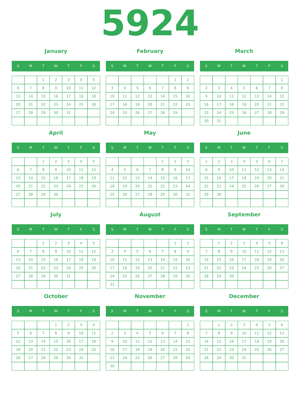Printable 5924 Year Calendars green