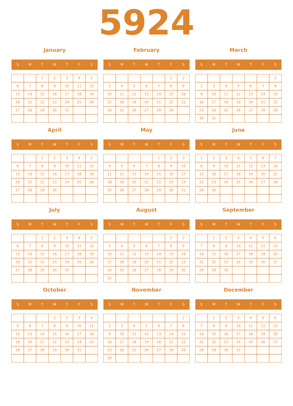 Printable 5924 Year Calendars orange