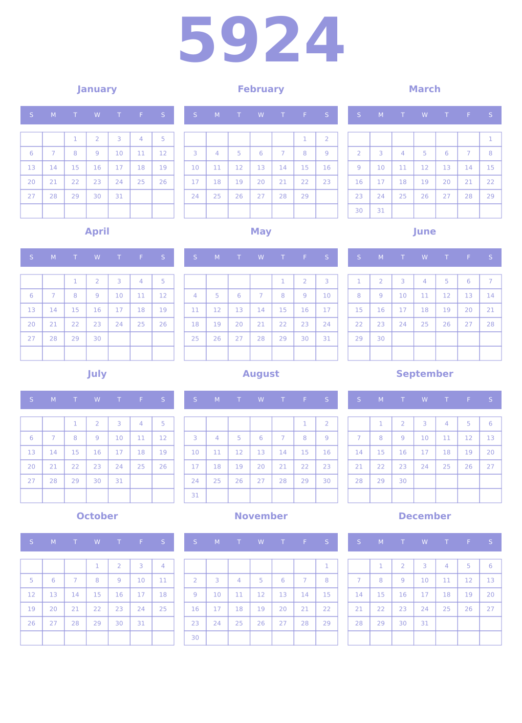 Printable 5924 Year Calendars periwinkle