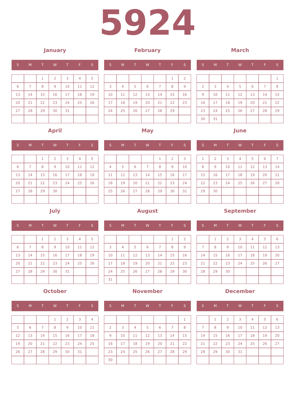 Printable 5924 Year Calendars puce