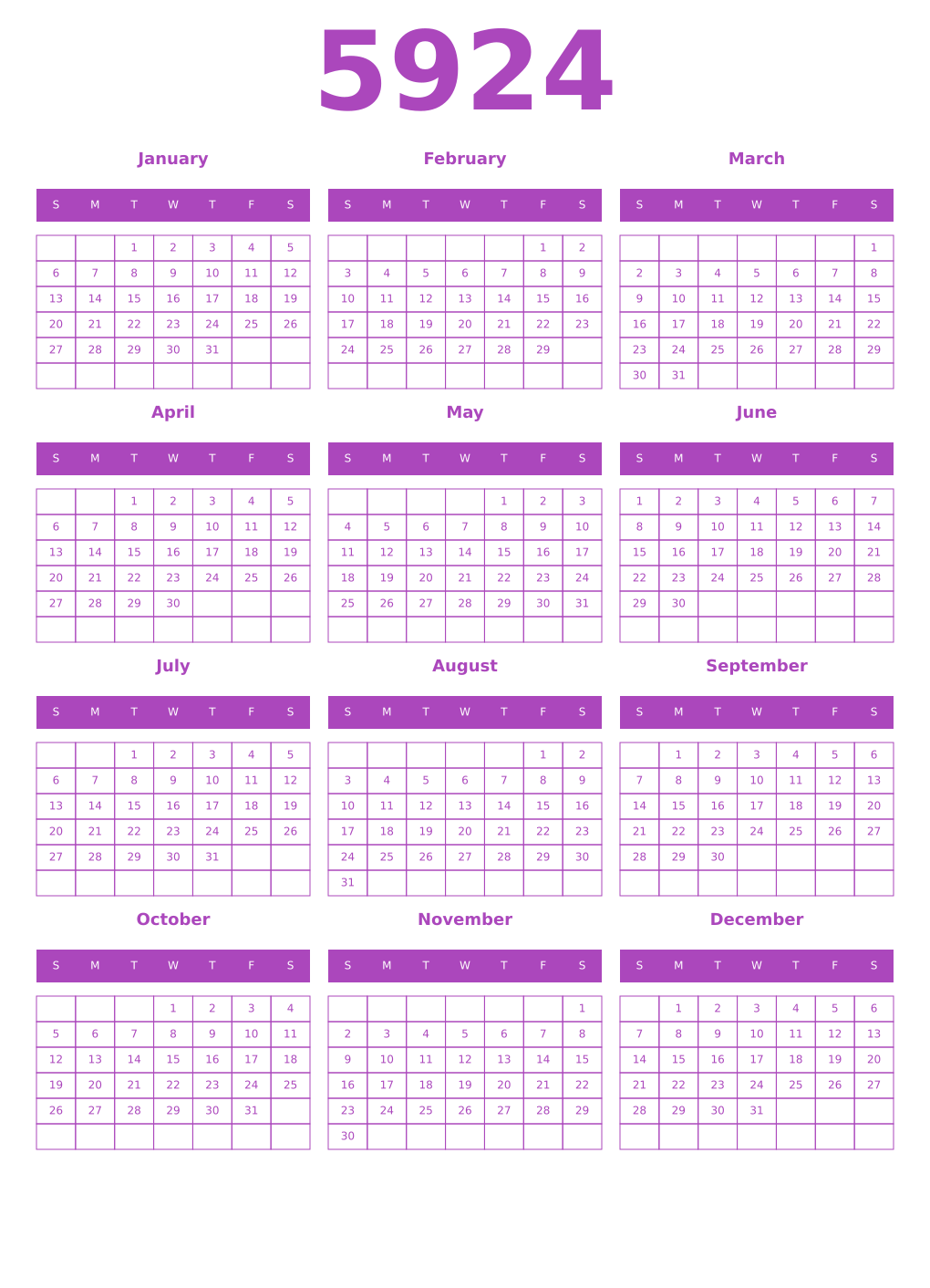 Printable 5924 Year Calendars purple