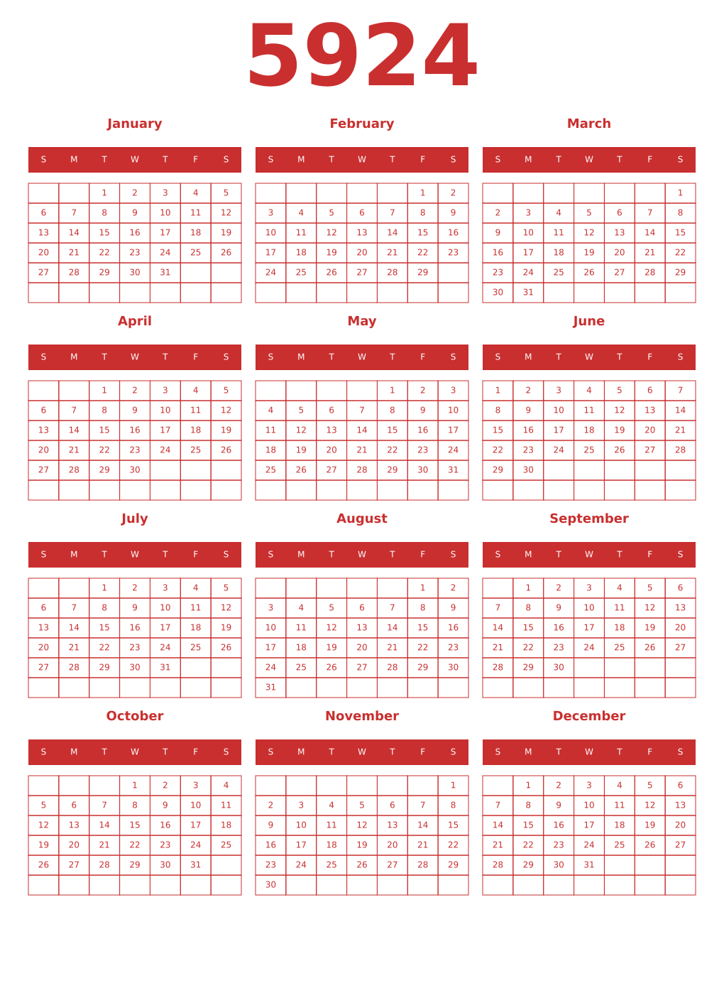 Printable 5924 Year Calendars red