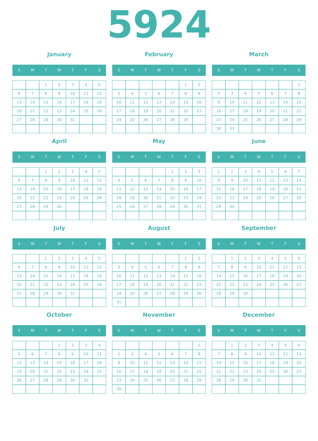 Printable 5924 Year Calendars verdigris
