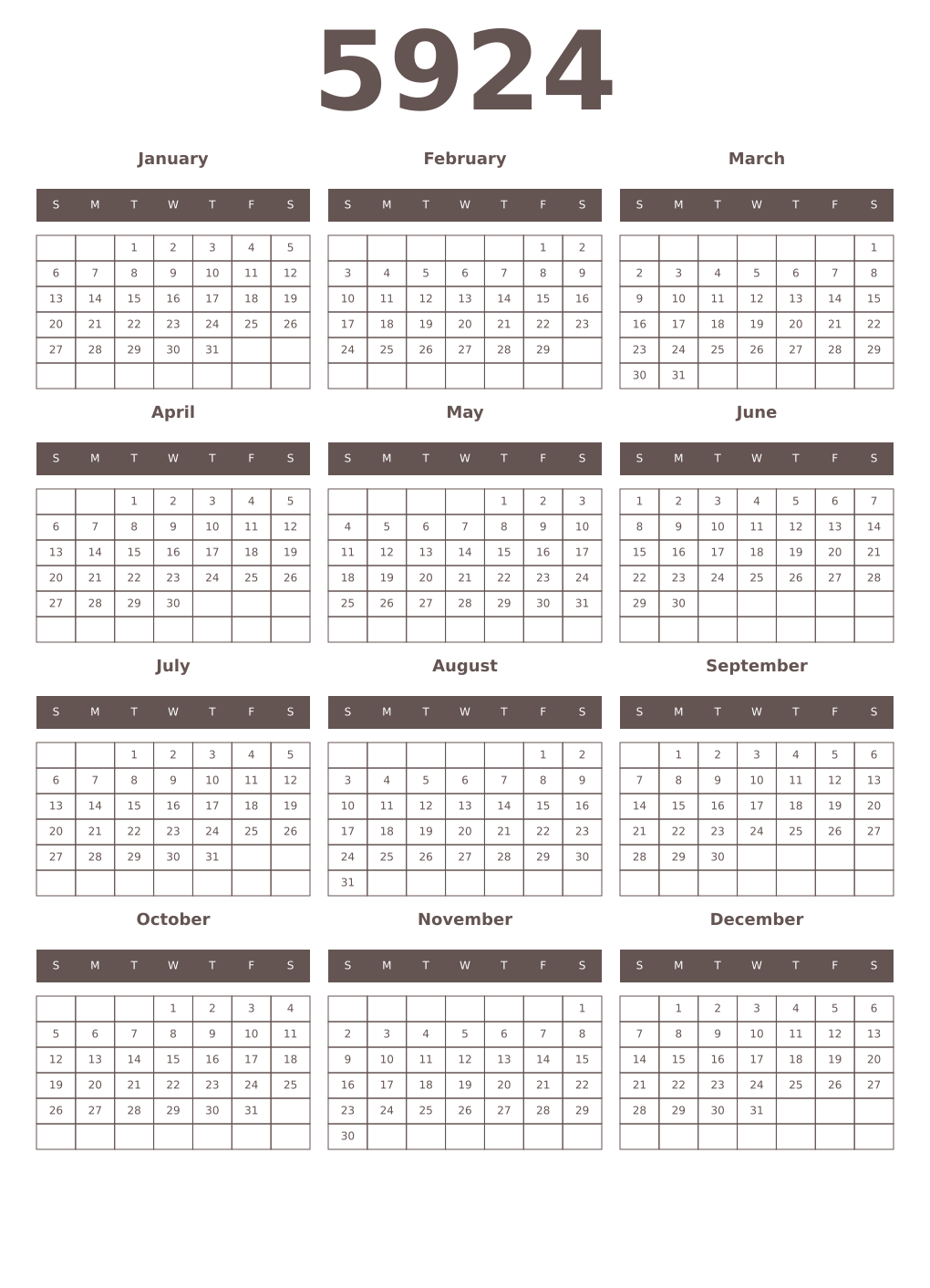 Printable 5924 Year Calendars wenge