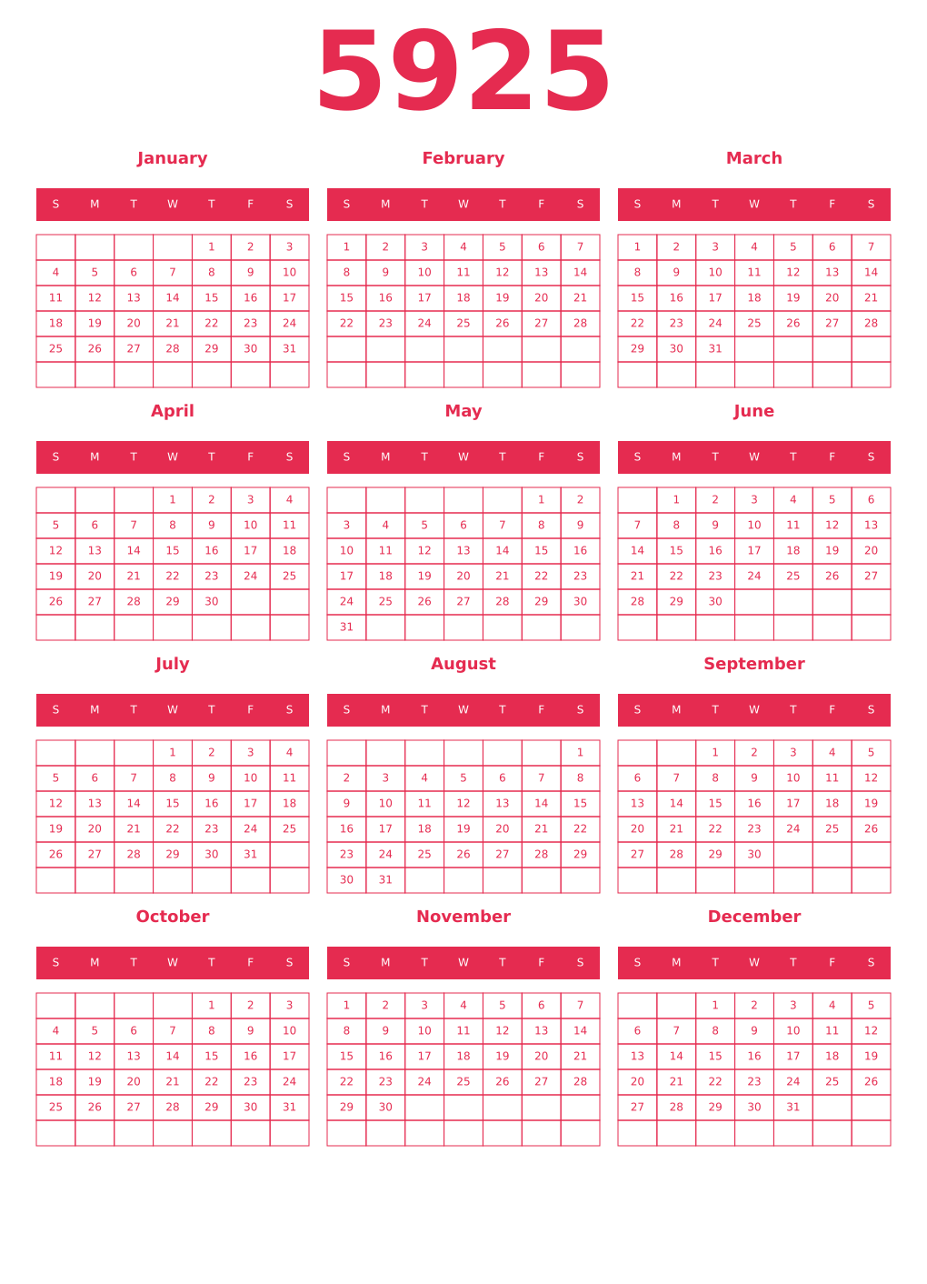 Printable 5925 Year Calendars amaranth