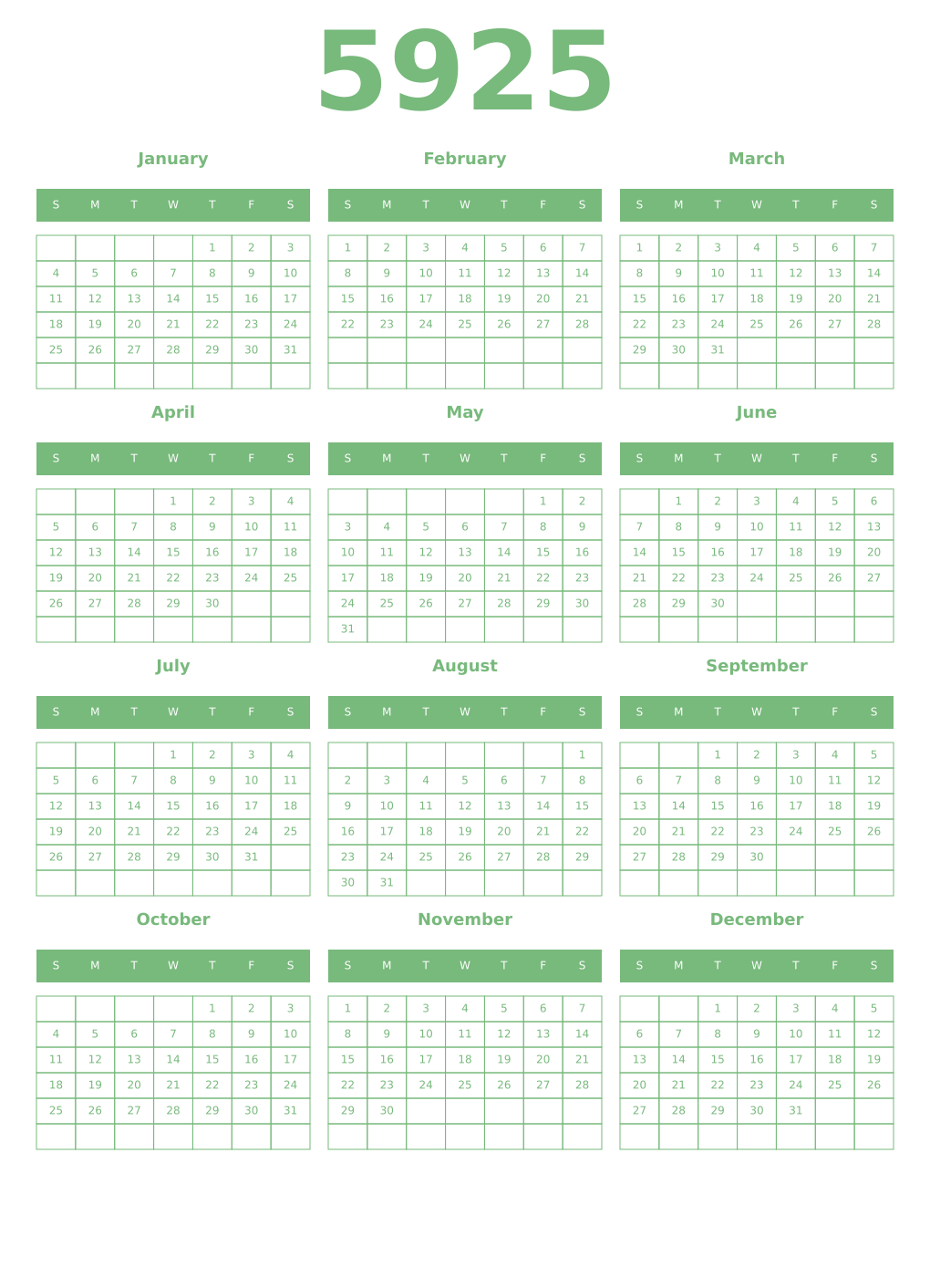 Printable 5925 Year Calendars celadon