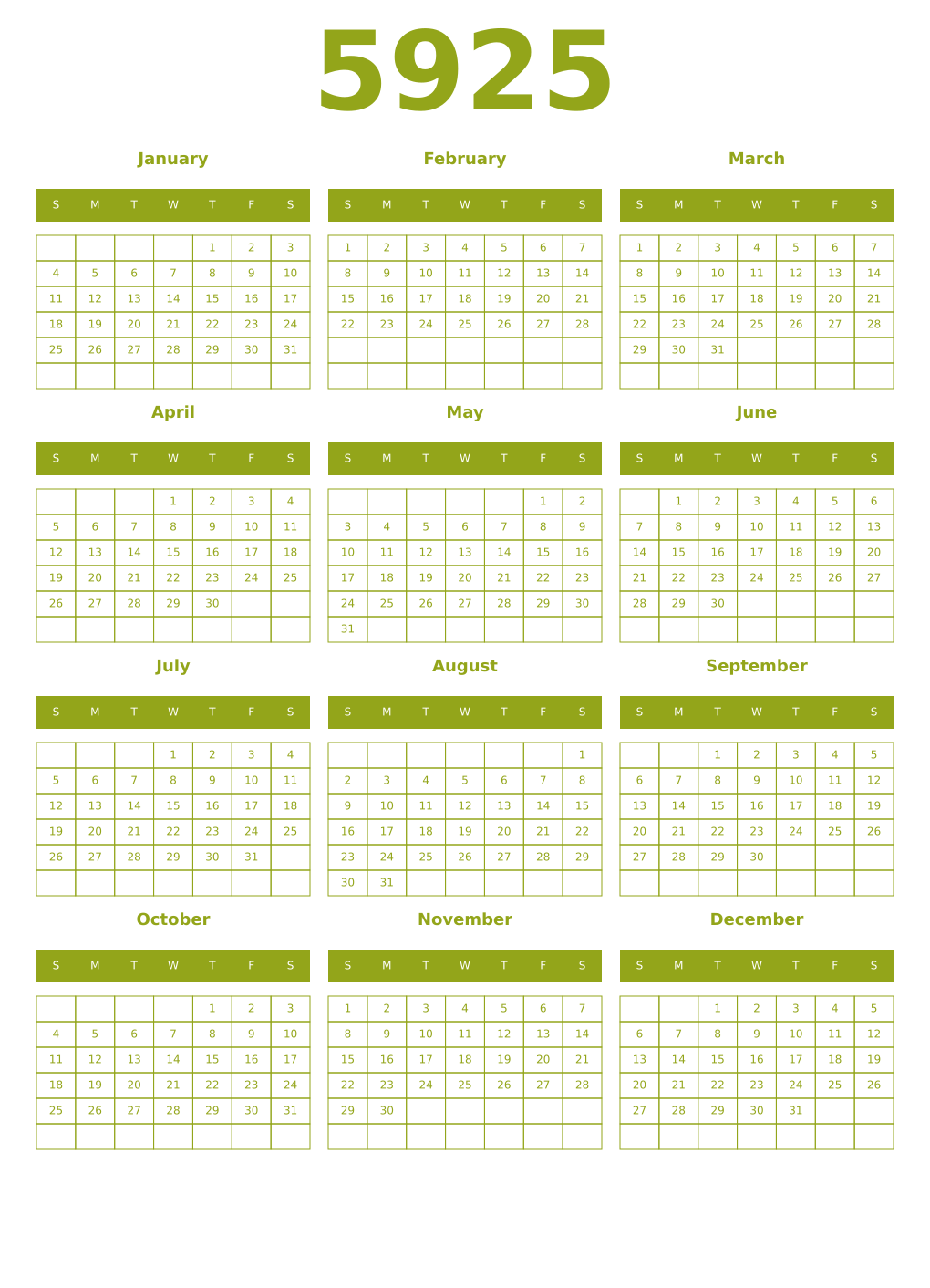 Printable 5925 Year Calendars chartreuse