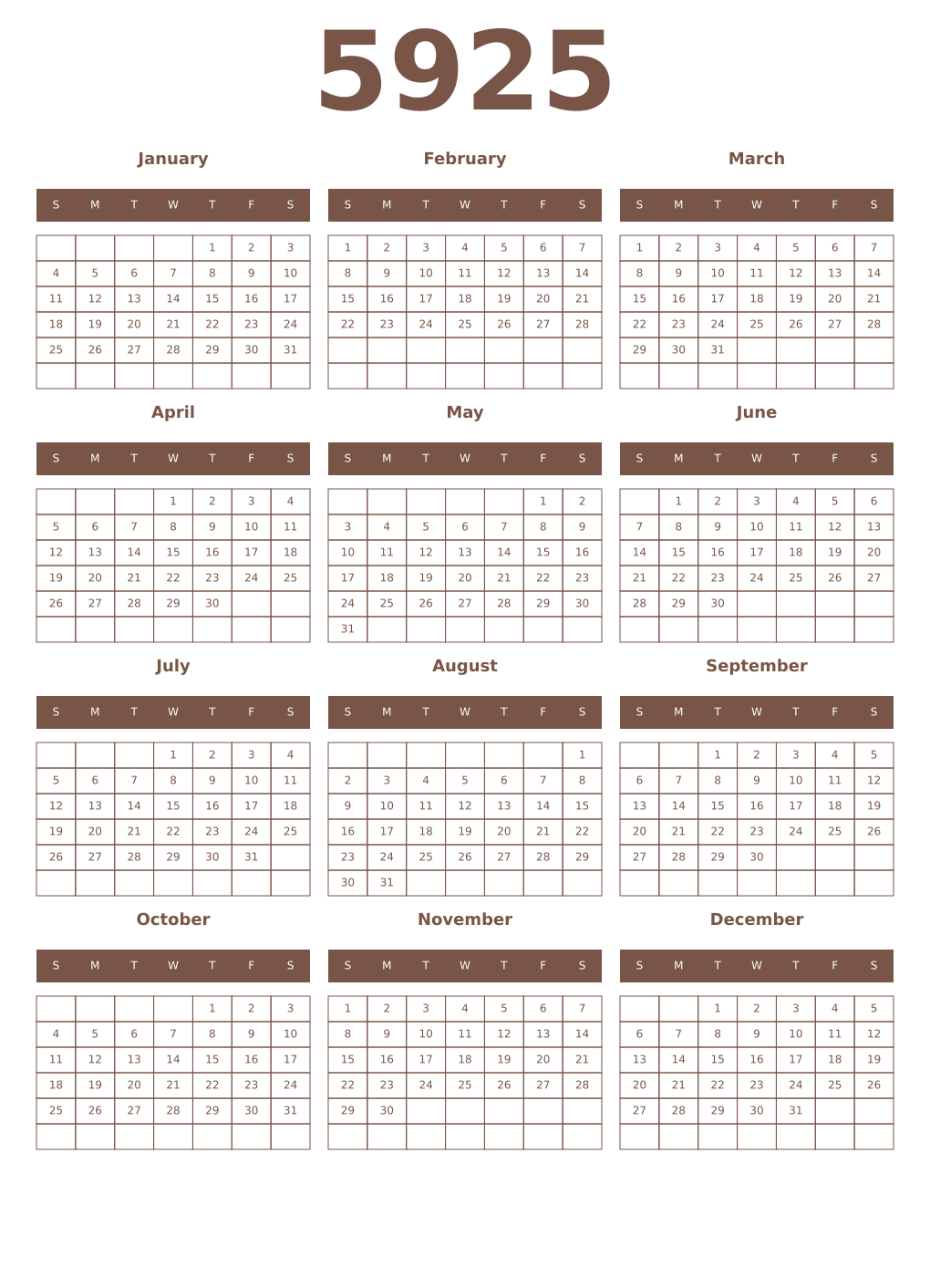 Printable 5925 Year Calendars coffe