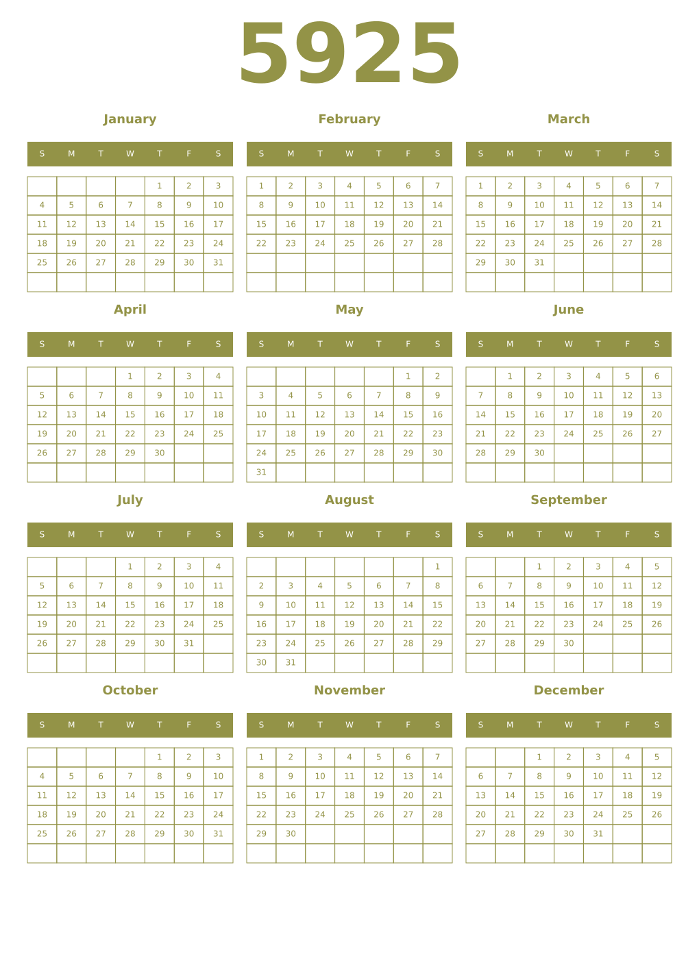 Printable 5925 Year Calendars eburnean
