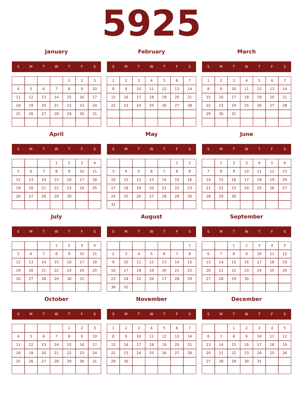 Printable 5925 Year Calendars falu
