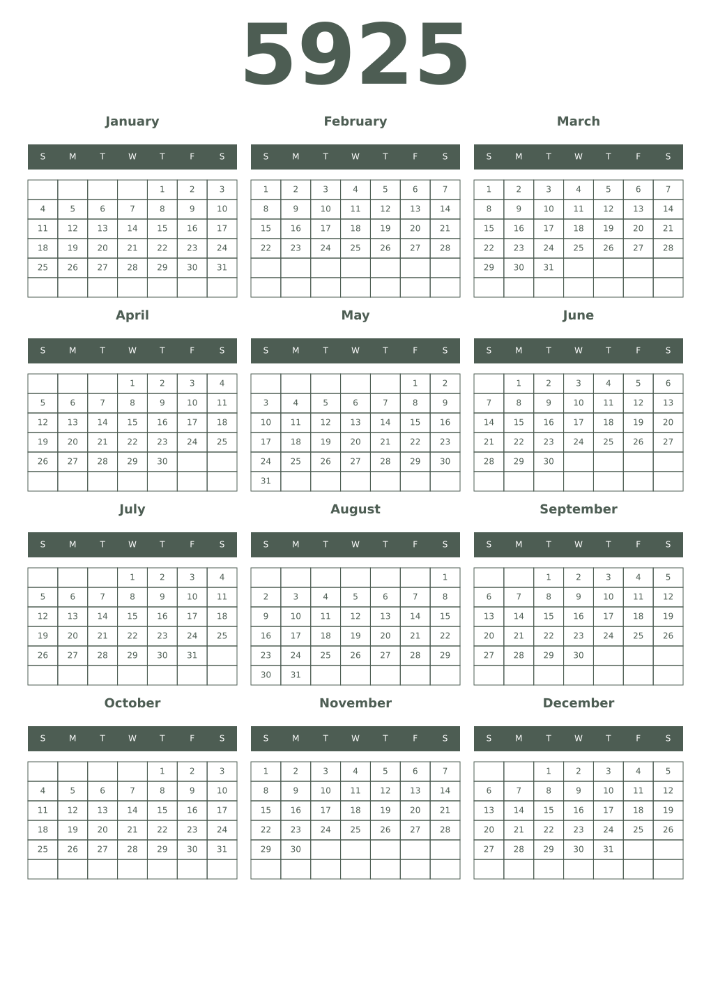 Printable 5925 Year Calendars feldgrau