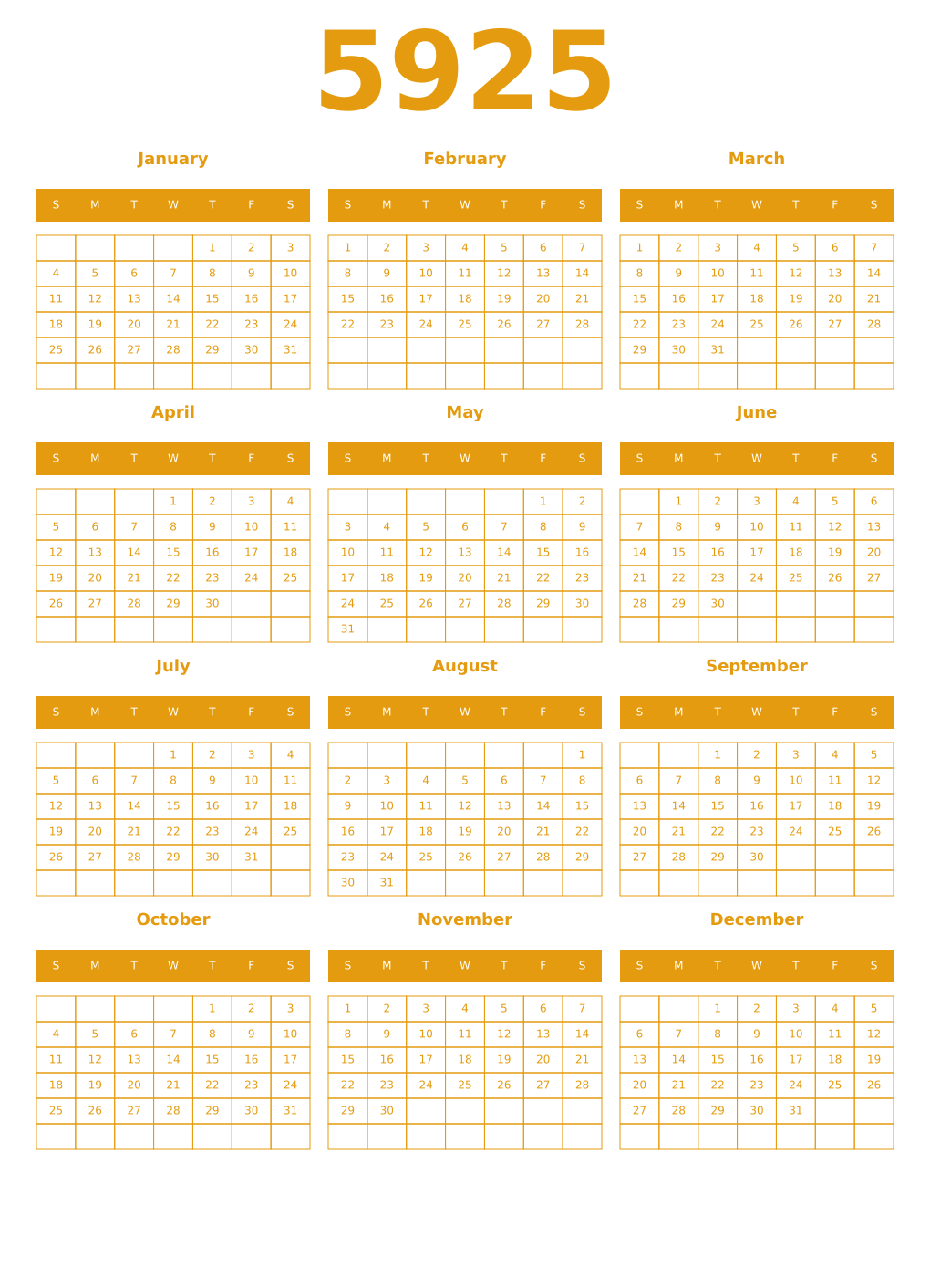 Printable 5925 Year Calendars gamboge