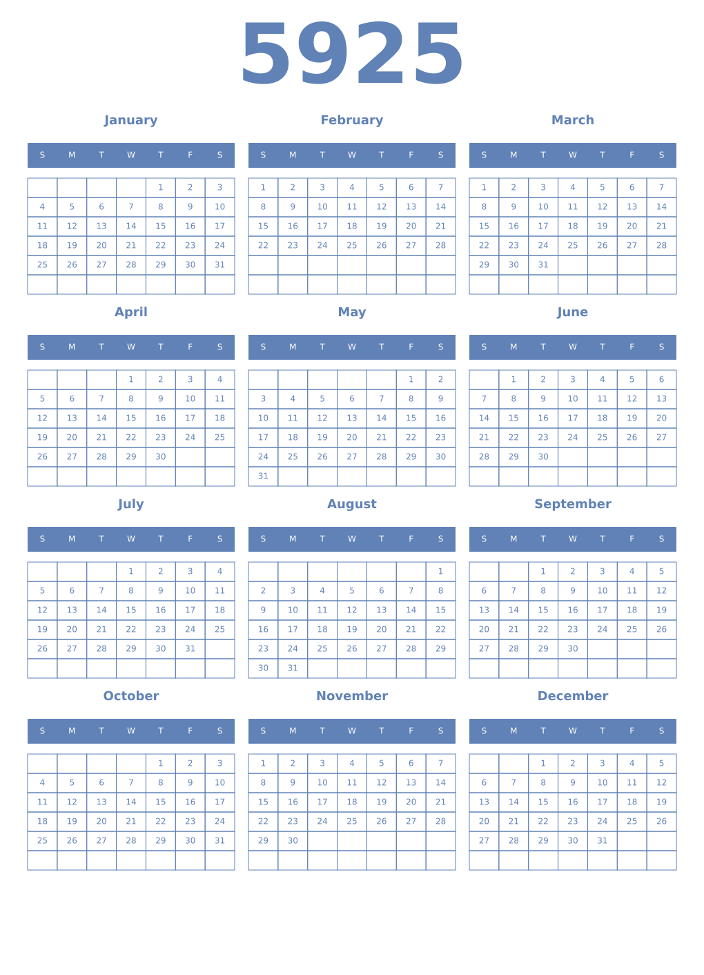 Printable 5925 Year Calendars glaucous