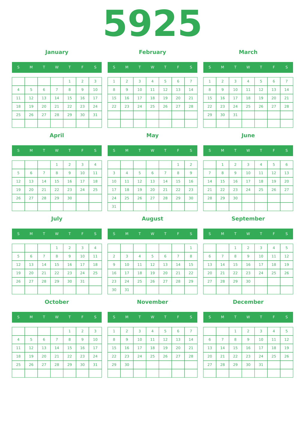 Printable 5925 Year Calendars green
