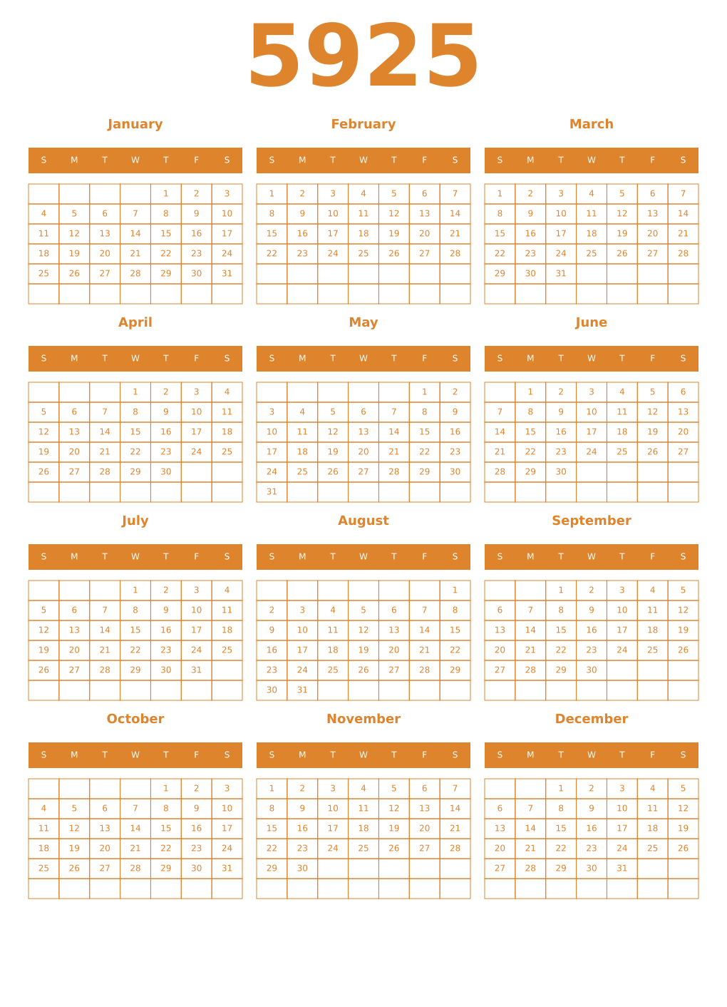 Printable 5925 Year Calendars orange