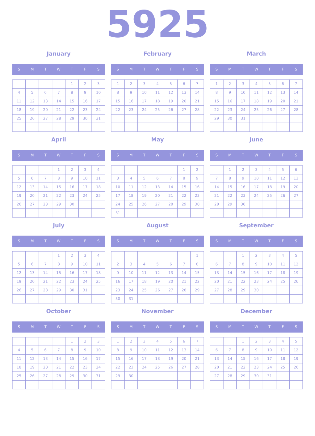 Printable 5925 Year Calendars periwinkle