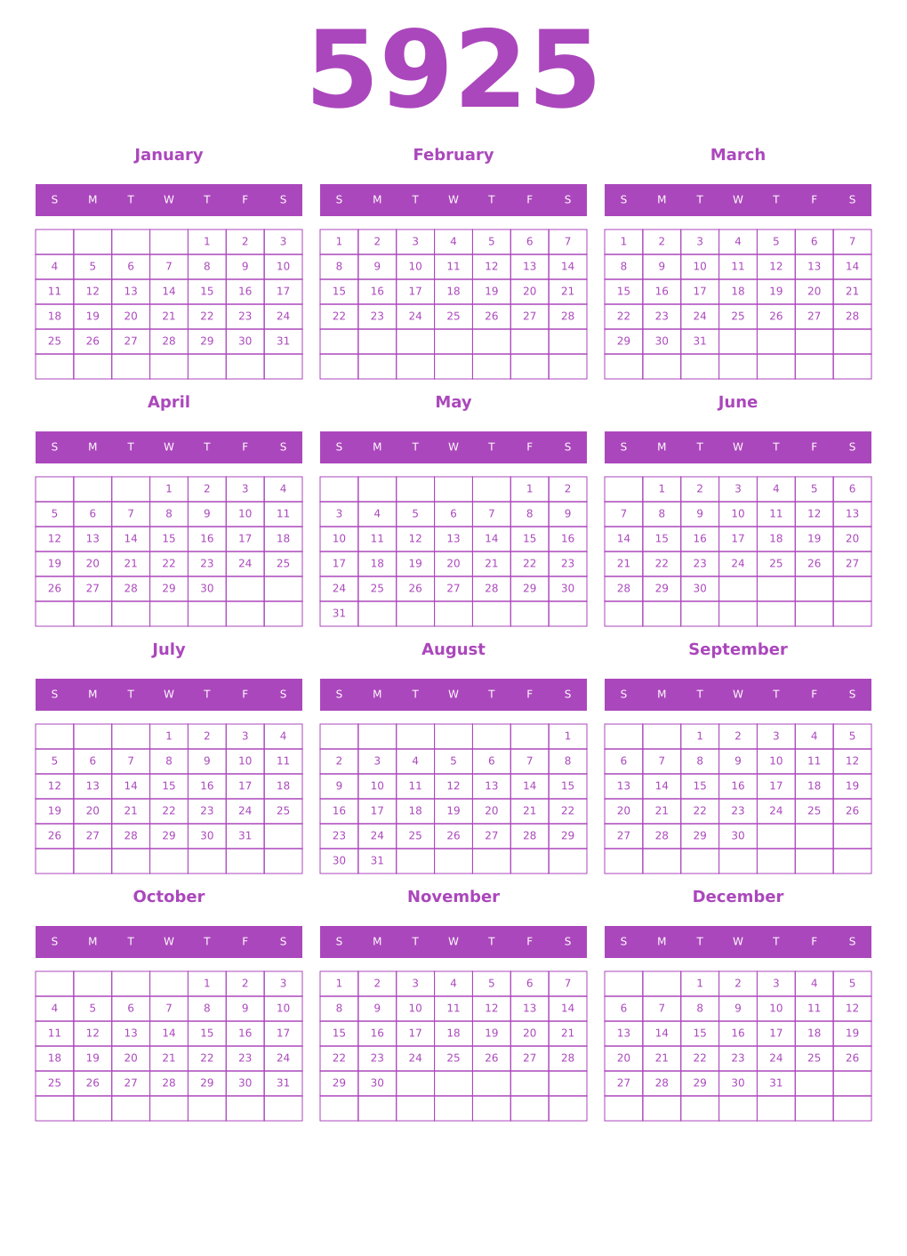 Printable 5925 Year Calendars purple