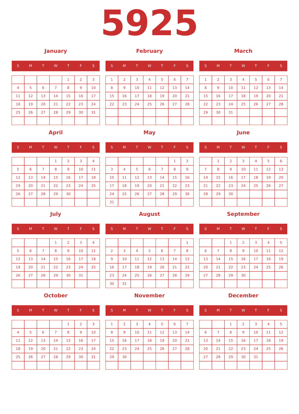 Printable 5925 Year Calendars red