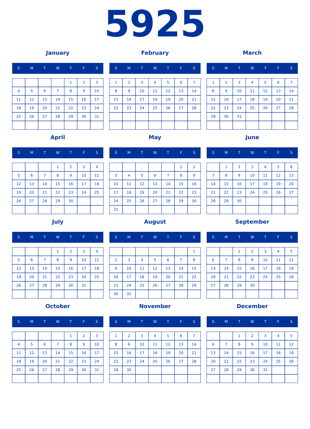 Printable 5925 Year Calendars smalt