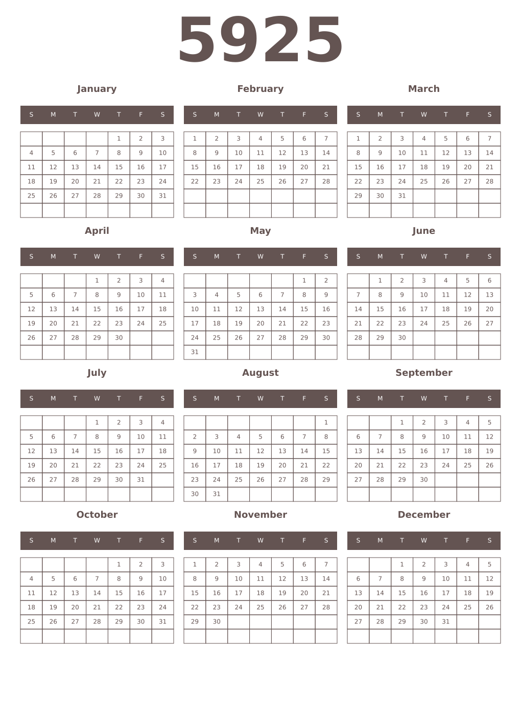 Printable 5925 Year Calendars wenge