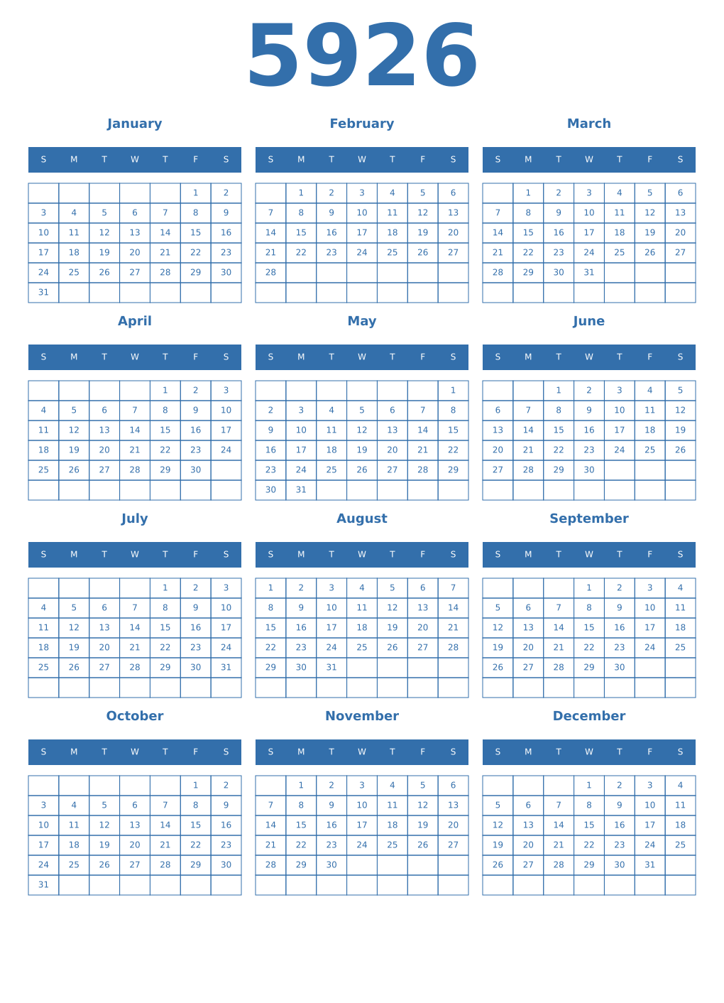 Printable 5926 Year Calendars blue
