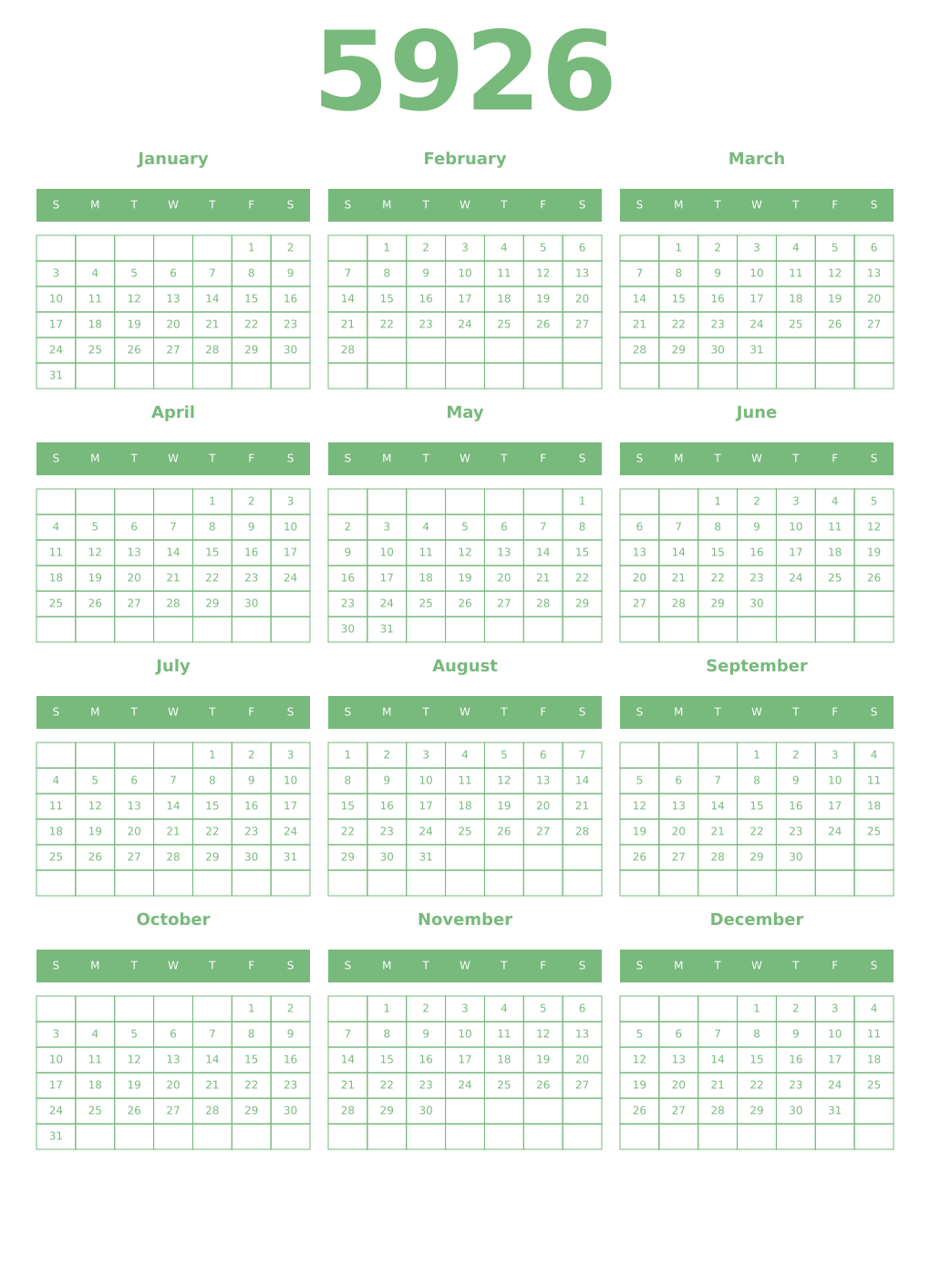 Printable 5926 Year Calendars celadon