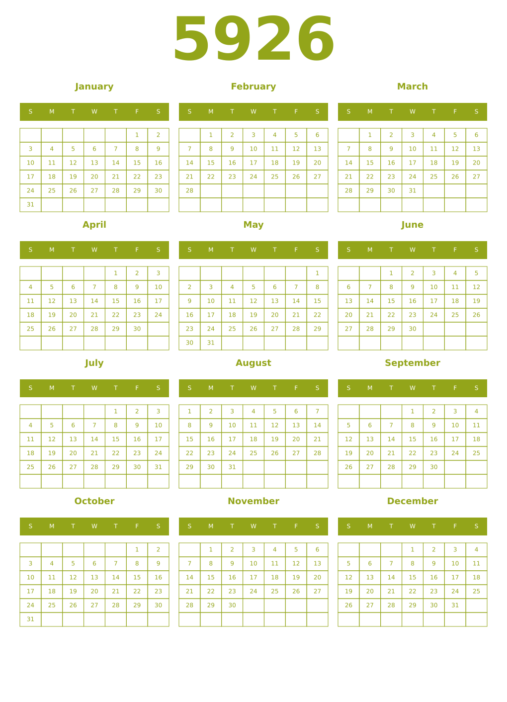 Printable 5926 Year Calendars chartreuse