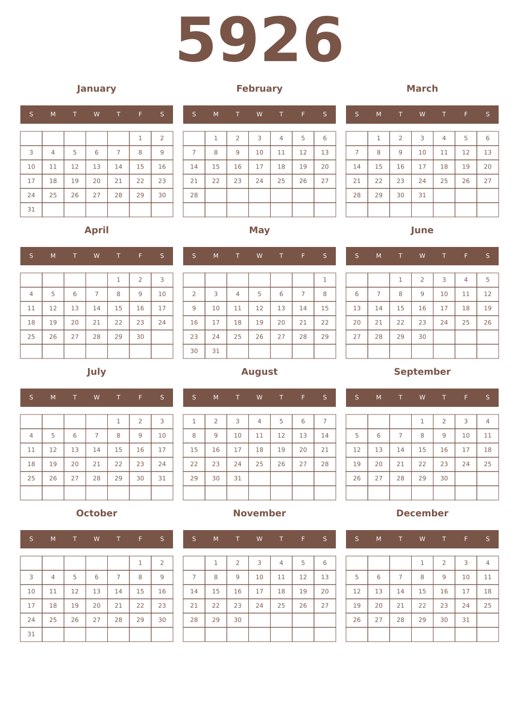 Printable 5926 Year Calendars coffe