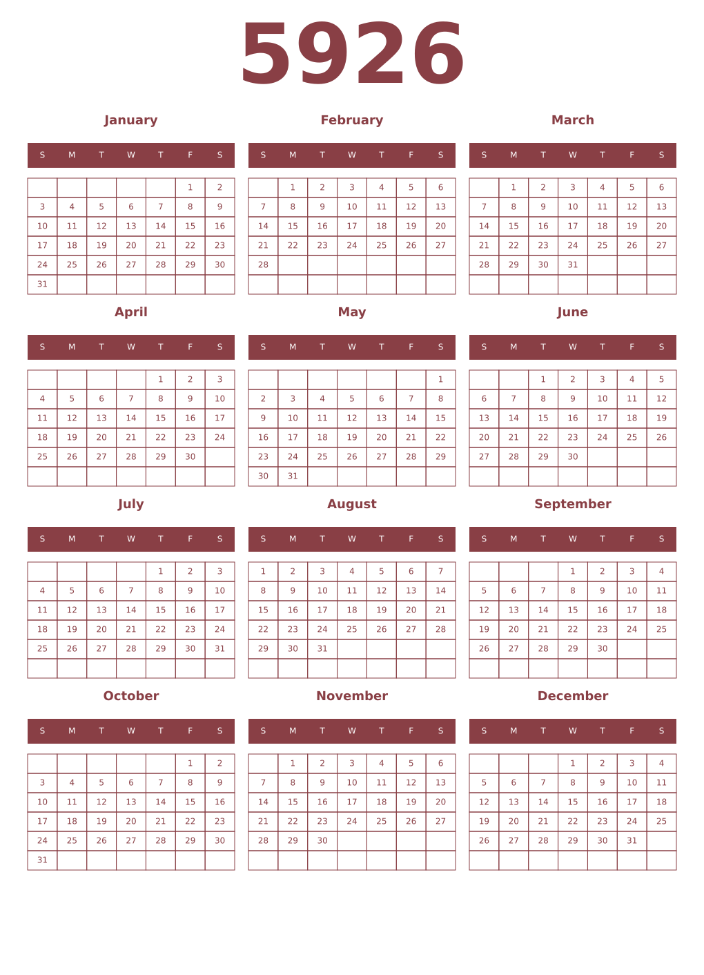 Printable 5926 Year Calendars cordovan
