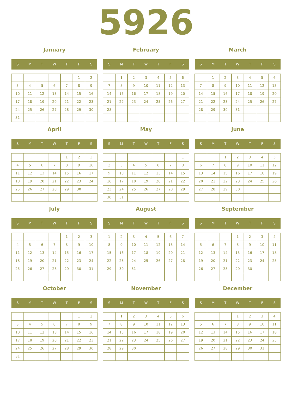 Printable 5926 Year Calendars eburnean