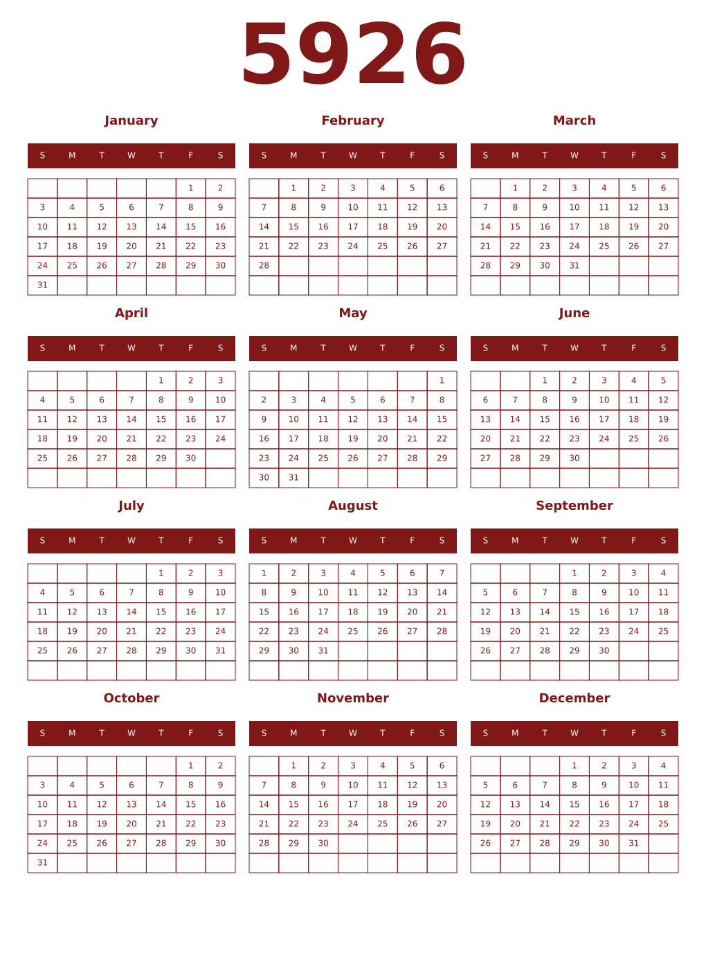 Printable 5926 Year Calendars falu