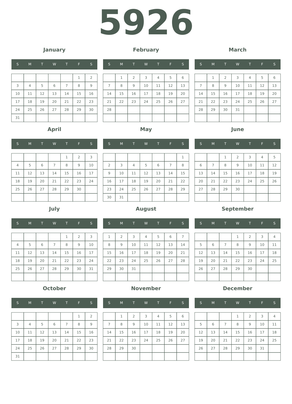 Printable 5926 Year Calendars feldgrau