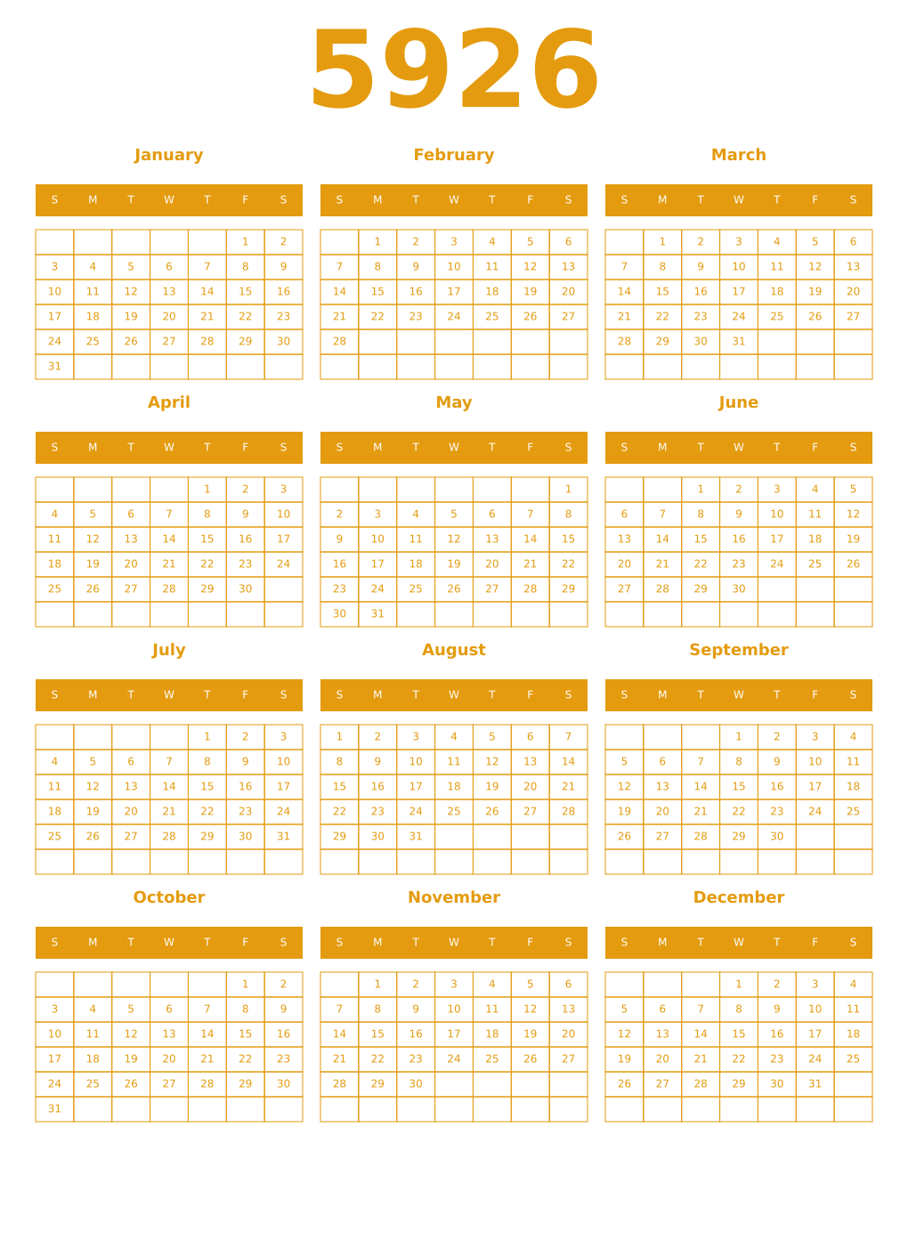 Printable 5926 Year Calendars gamboge