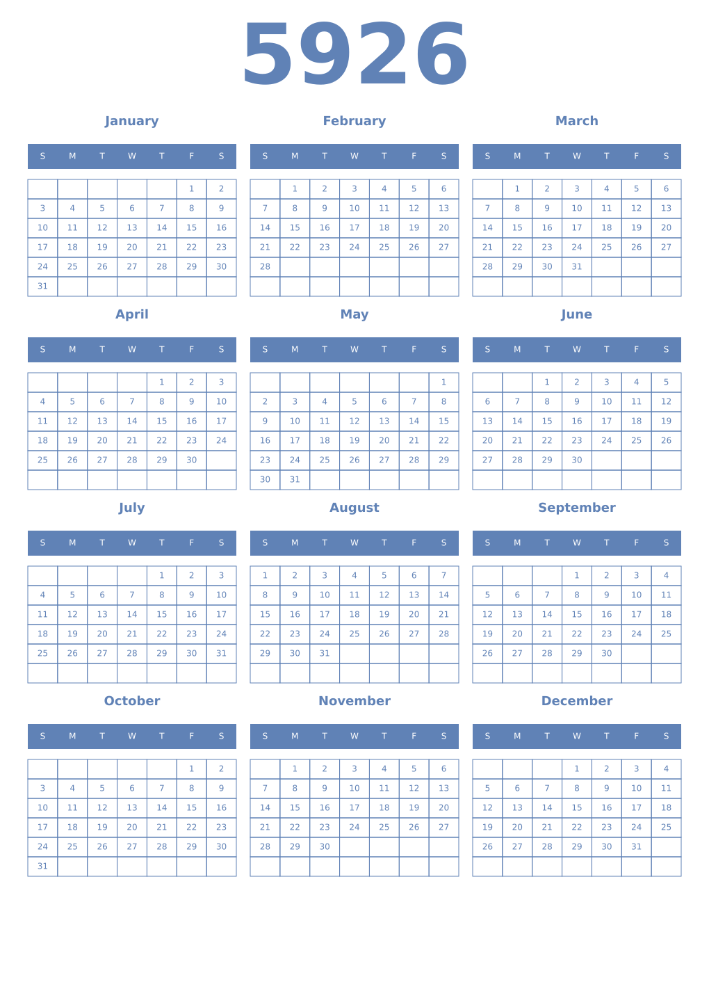 Printable 5926 Year Calendars glaucous