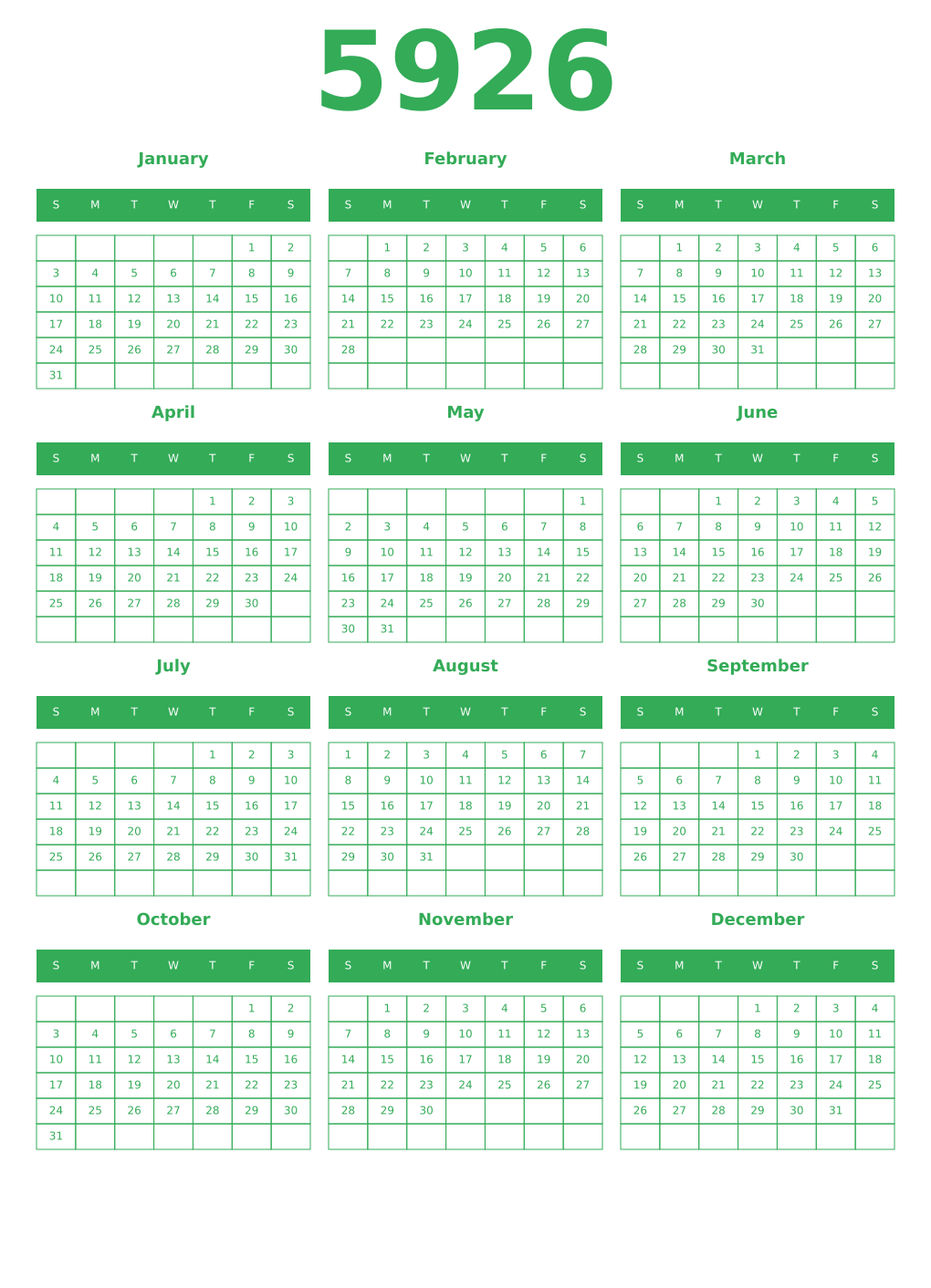Printable 5926 Year Calendars green