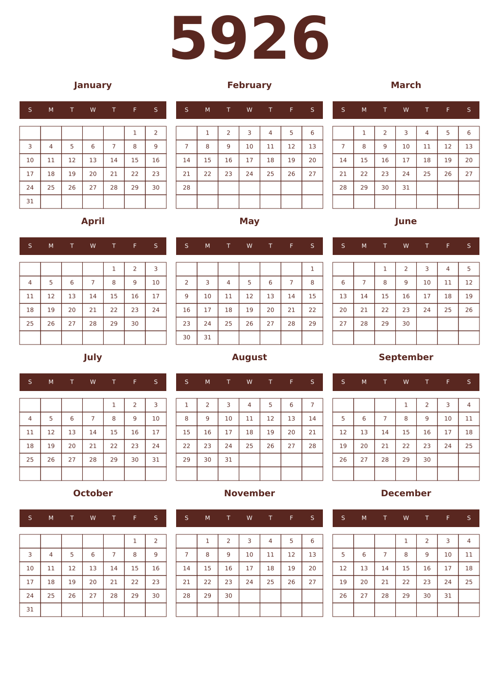 Printable 5926 Year Calendars mortuum