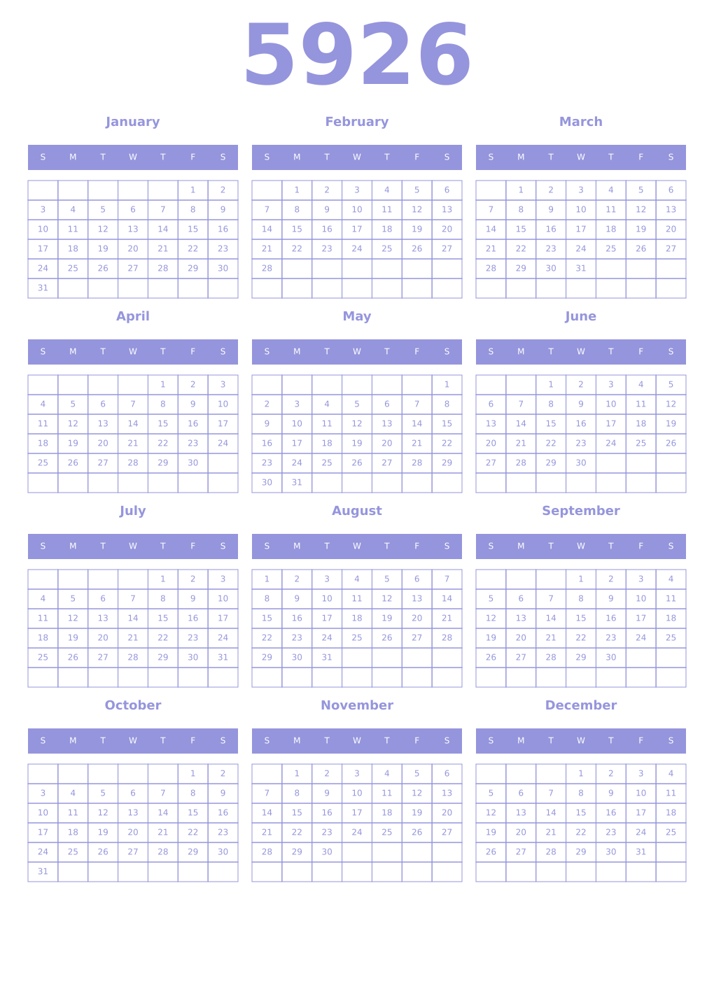 Printable 5926 Year Calendars periwinkle