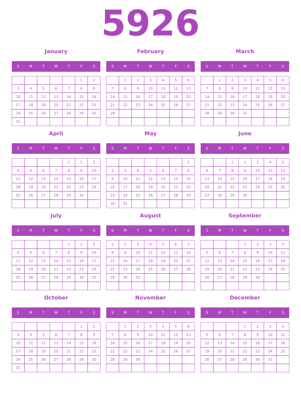 Printable 5926 Year Calendars purple