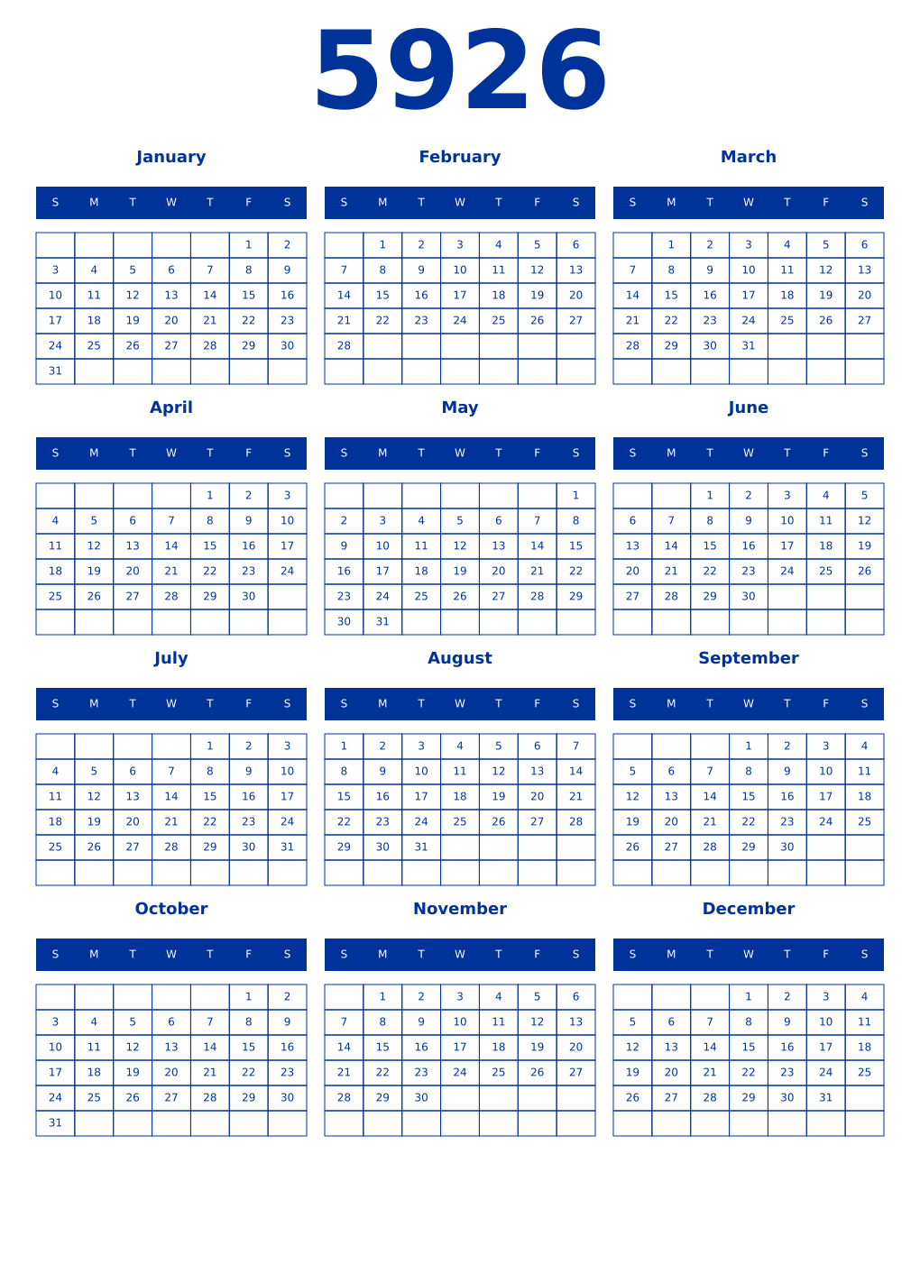 Printable 5926 Year Calendars smalt