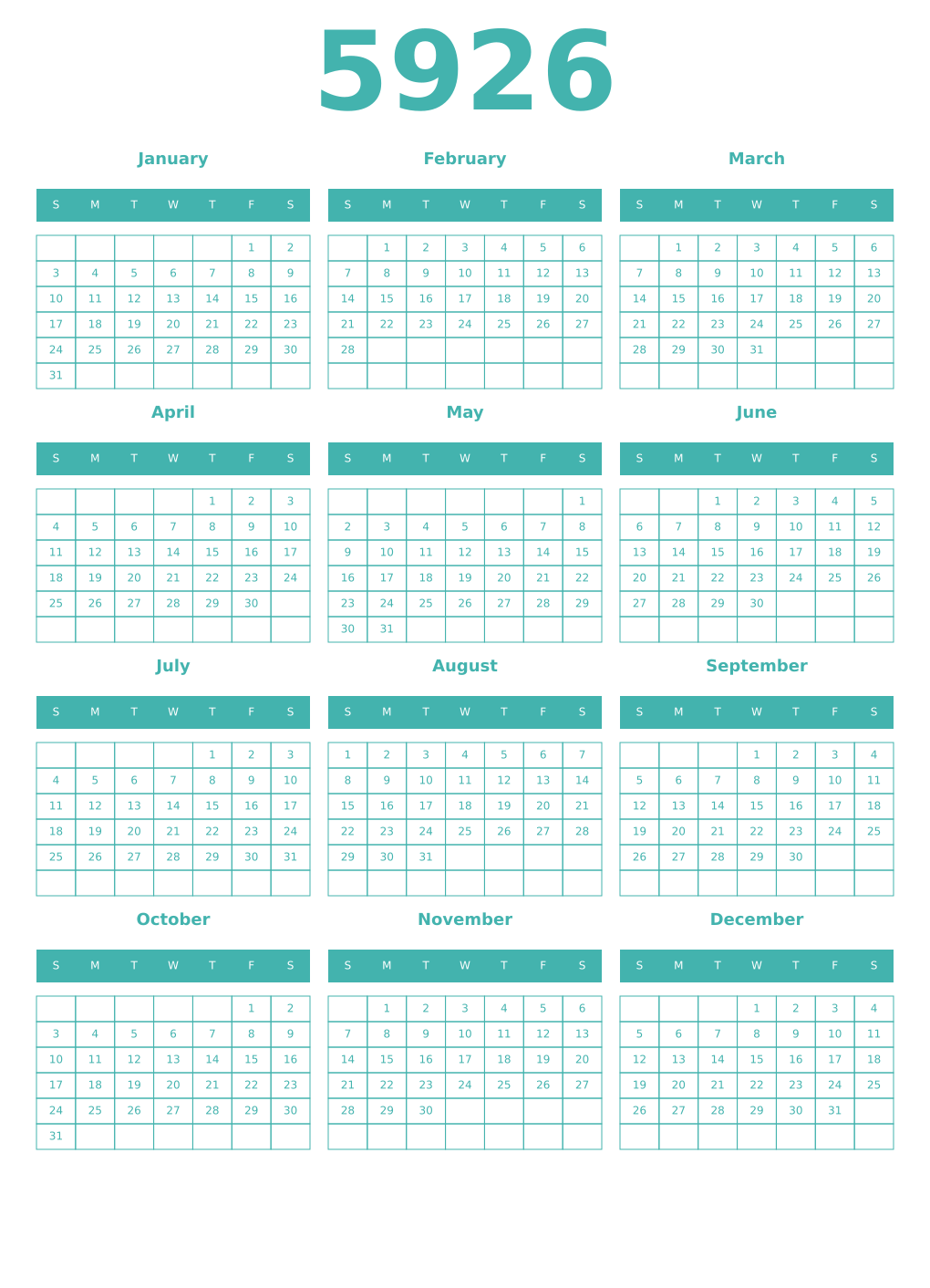 Printable 5926 Year Calendars verdigris