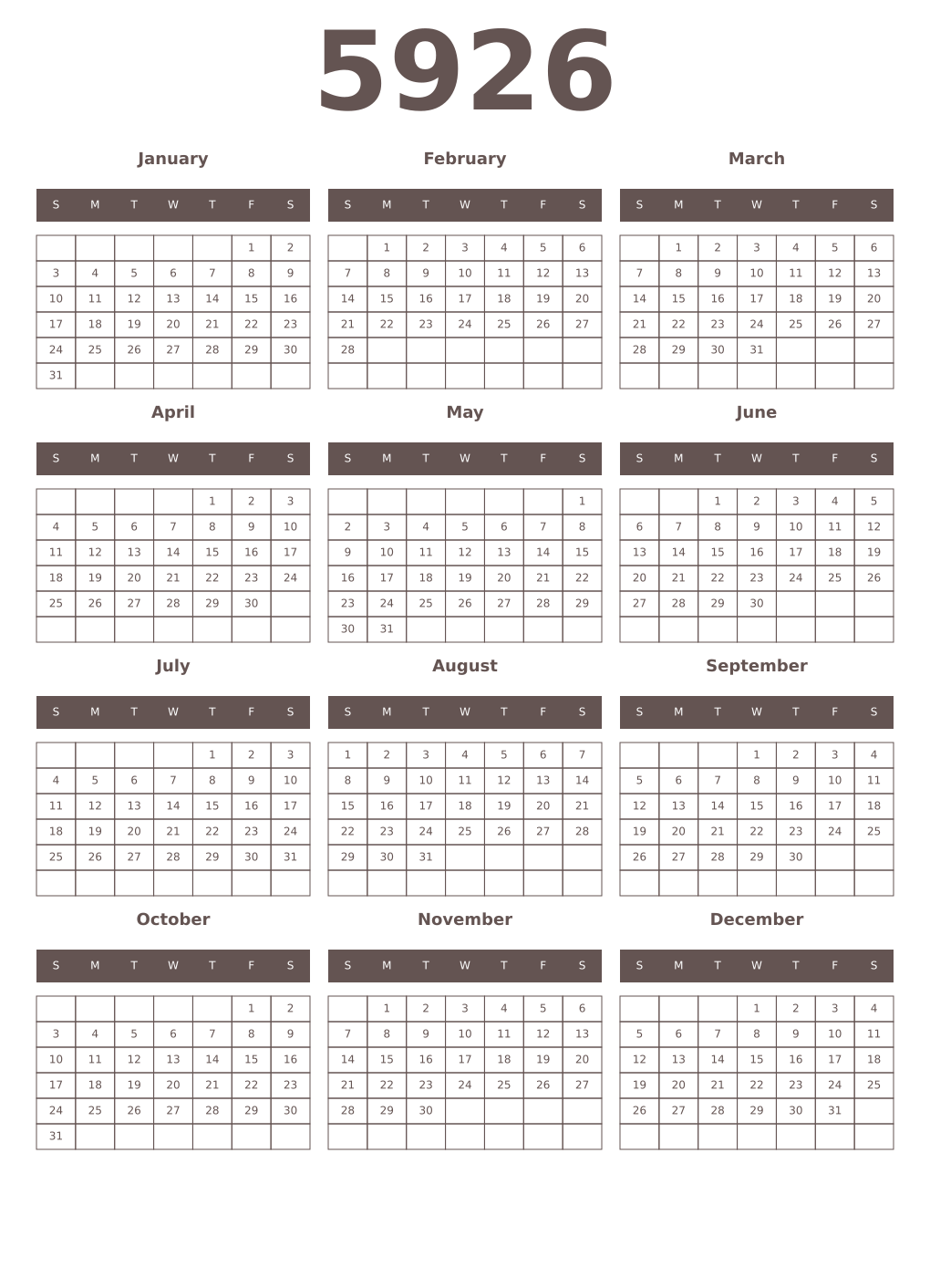 Printable 5926 Year Calendars wenge
