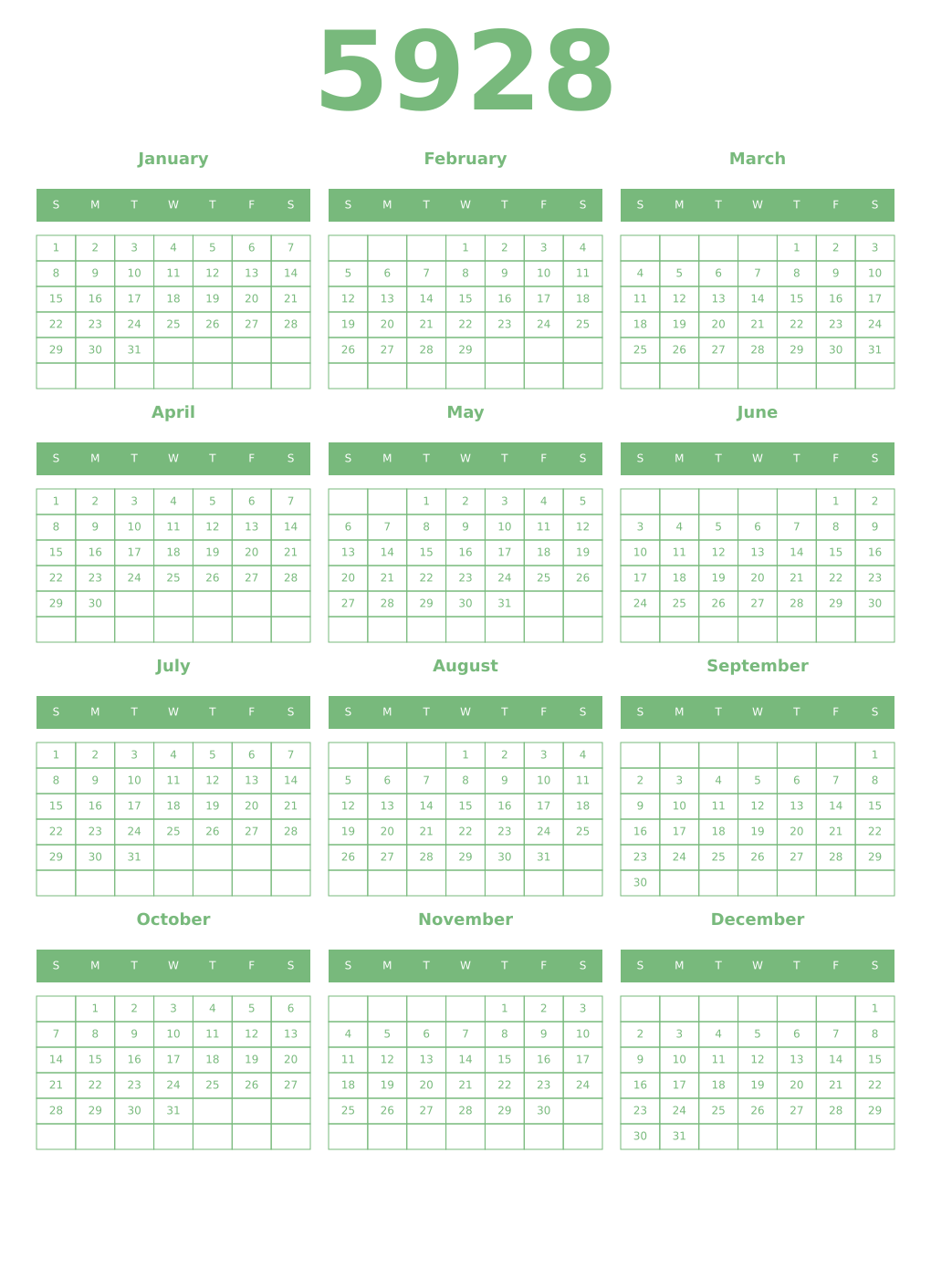 Printable 5928 Year Calendars celadon